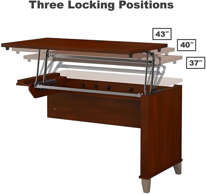 Pemberly Row 72W Sit to Stand L Shaped Desk with Hutch, Hansen Cherry Finish, Adjustable Heights, Frosted Glass Doors, Includes File Drawer and Shelving, Ergonomic Office Desk for Home or Workplace