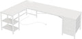 Huuger 63 Inch L Shaped Desk with Fabric Drawers, Reversible Computer Gaming Desk with Power Outlets and USB-C Port, Adjustable Side Storage Shelves, for Work Study Corner Home Office, White