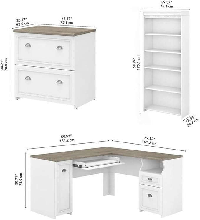 Pemberly Row 60W L Shaped Desk with Storage, Lateral File Cabinet & 5 Shelf Bookcase, Engineered Wood, Pure White with Shiplap Gray Finish, Modern Farmhouse Style Home Office Furniture Set