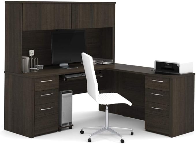Bestar Embassy 72W L-Shaped Desk with Hutch and 2 Pedestals in Dark Chocolate