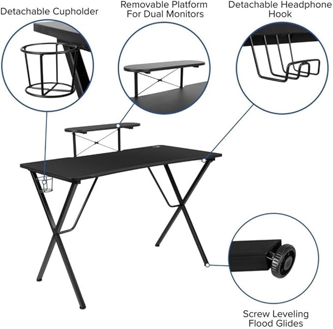 BOWERY HILL 2 Piece Gaming Desk Set with Chair, Black Laminate Desk Top, Green Mesh Inserts, Monitor Stand, Cup Holder, Headset Hook, Ergonomic Chair, Tilt Lock, Contemporary Design for Gamers
