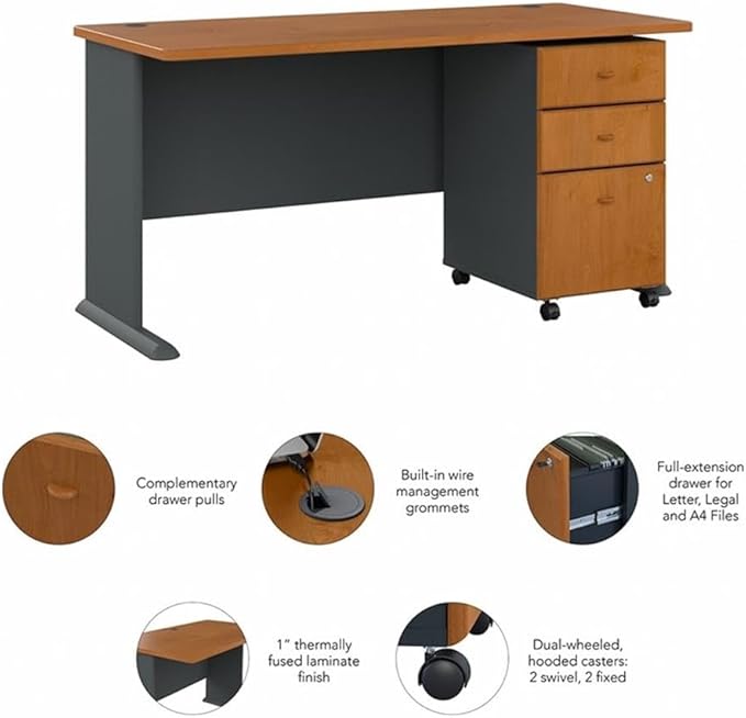 Bush Business Furniture Series A 60W Desk with Mobile File Cabinet in Natural Cherry and Slate