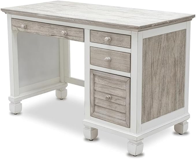 Pemberly Row Coastal Wood Desk & Chair Set, Distressed Gray/White Finish, Solid Mindi Wood, 48" Desk with 4 Drawers, Full-Extension Slides, Hanging File Storage, Home Office Furniture