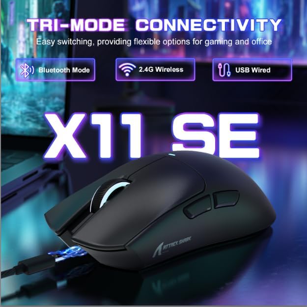 ATTACK SHARK X11SE Ultra-Light Wireless Gaming Mouse,Tri-Modes BT5.2/Type-C Wired/2.4G,PixArt PAW3311 Gaming Sensor,22KDPI,5 Programmable Buttons for Laptop,PC,Mac Gamer (Black)