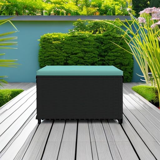 vidaXL Black Patio Ottomans 2 Pcs Poly Rattan Footstools with Blue Cushions – Modular and Weather- Garden/Patio Furniture