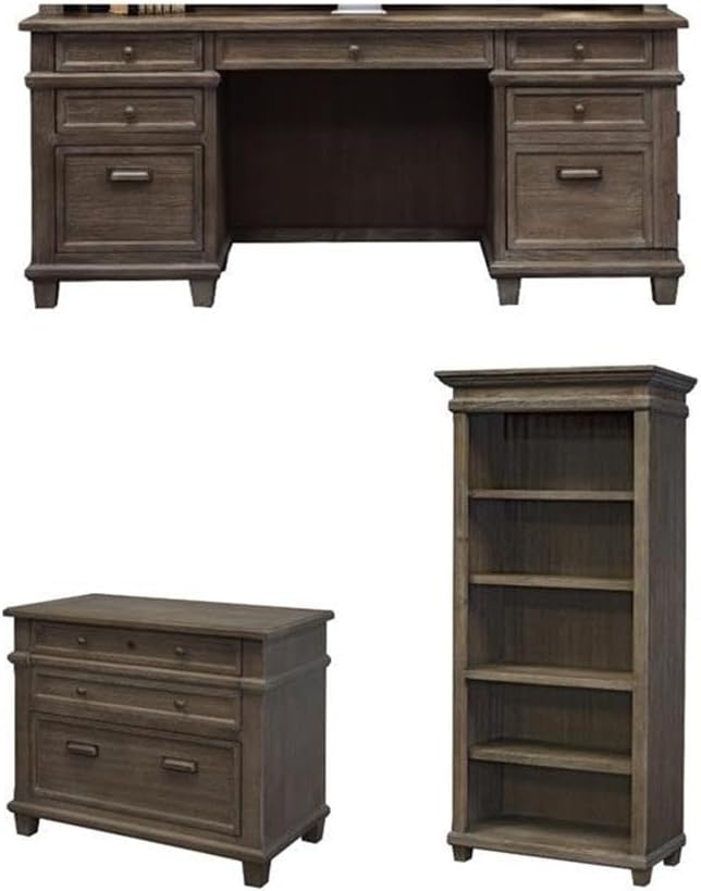 BOWERY HILL Set of 3 Credenza Office Desk & Open Bookcase & Filing Cabinet
