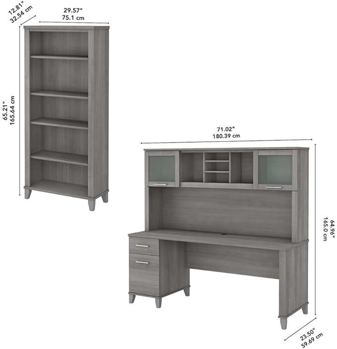 Bush Furniture Somerset 72W Office Desk with Hutch and 5 Shelf Bookcase in Platinum Gray