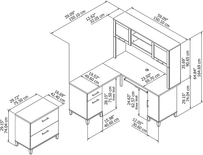 Scranton & Co Furniture Somerset 60W L Desk with Hutch & File Cabinet, Cherry Finish, Wire Management, Frosted Glass Doors, Legal/Letter File Storage, Home Office Set with Keyboard Tray