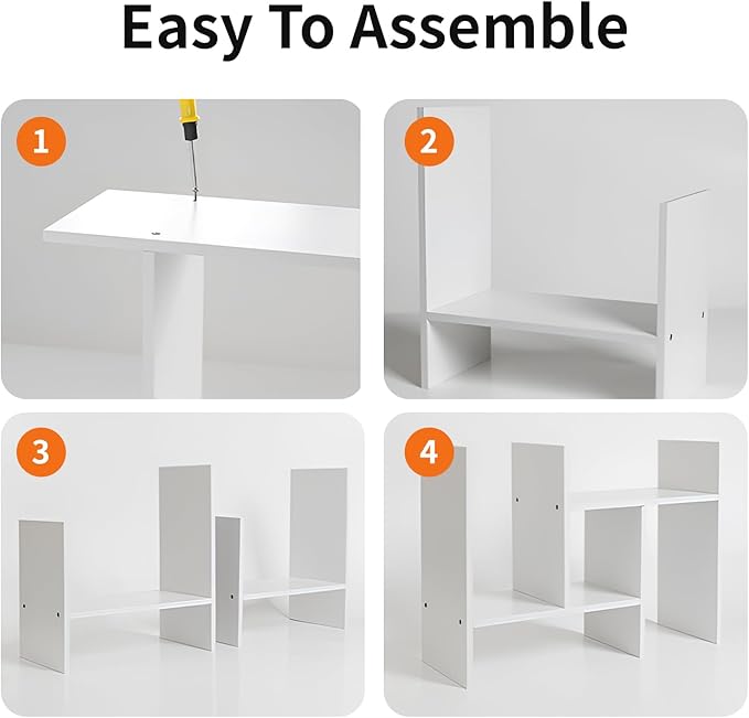 JLD Wood Adjustable 5-Shelf Desktop Bookshelf, Expandable Office Storage Rack, White