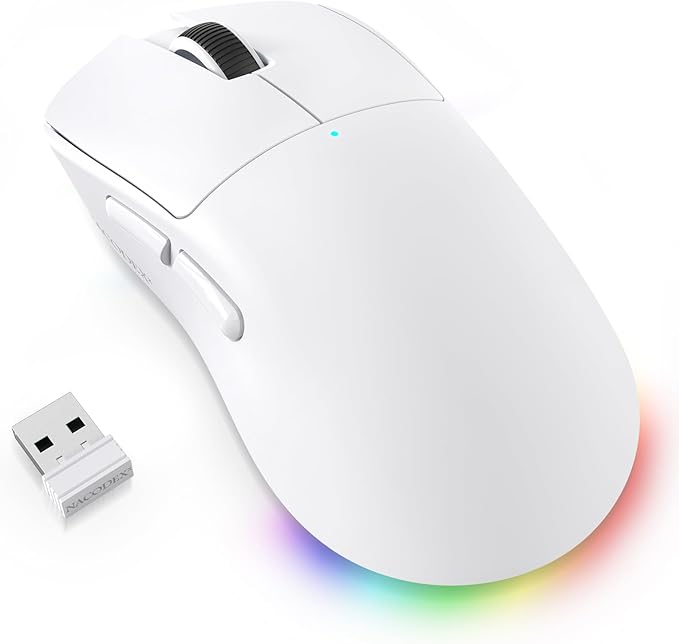 AJAZZ NJ08 Wireless Gaming Mouse 70g Lightweight, 12800 DPI, RGB Strip, 3-Mode Connection 2.4G/Bluetooth/Wired, 1000Hz Polling Rate, Ergonomic Right-Handed Design for PC, Mac, Windows, Laptop (White)