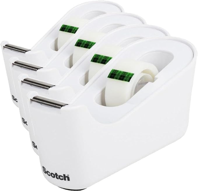 Scotch Tape Dispenser,White,Great for School or Office and Includes 1 Roll of Scotch Magic Tape 3/4 in x 350 in,ABS Material,(Pack of 4)
