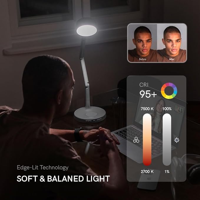LUME CUBE Edge Light Go - Rechargeable Cordless Table Lamp - Perfect Lighting Wherever You Need it - Battery Powered LED Desk Light with Red Light Mode & Wireless Charger (Black)