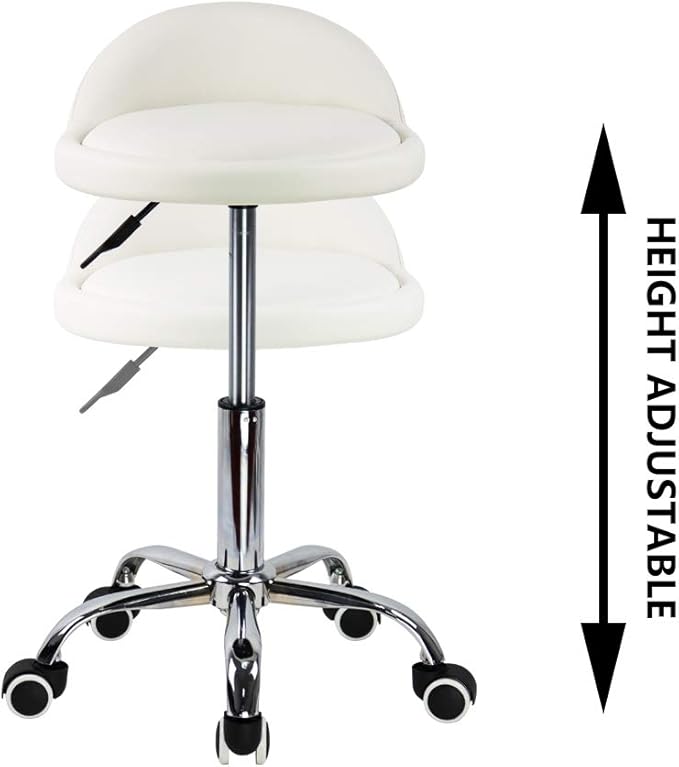 KKTONER PU Leather Round Rolling Stool with Back Rest Height Adjustable Swivel Drafting Work SPA Task Chair with Wheels (White)