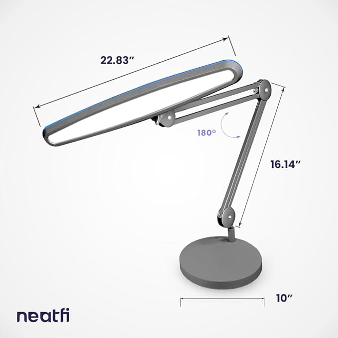 Neatfi XL 2,200 Lumens 24W LED Desk Lamp – 23” Wide Shade | Dimmable Eye-Caring Task Light | Adjustable Arm | Home Office, Study, Crafts & Nail Tech (Silver, Non-CCT with Clamp)