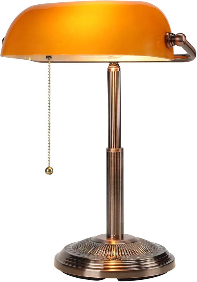 LINNMON Bankers Desk Lamp, Amber Retro Lamp, Vintage Lamp with Pull Chain Switch for Home Office (Copper+Amber)