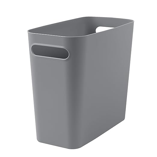 Small Grey Trash Can Wastebasket, Plastic Garbage Can Waste Basket for Narrow Spaces Bathrooms Laundry Room Kitchens Offices Kids Rooms, 1.8 Gallon (Grey)