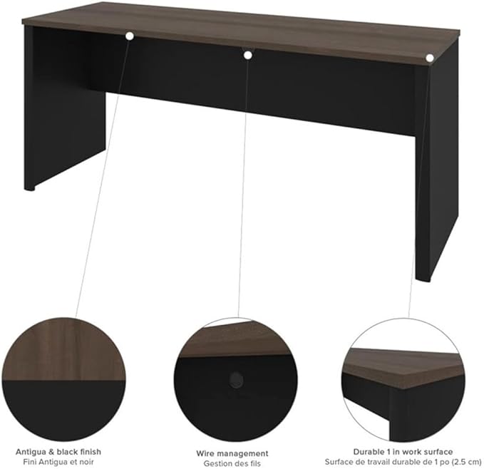 Pemberly Row 2 Piece Standing Desk Set, Adjustable Height 28"-45", Antigua and Black Finish, Particle Board and Melamine, Includes Storage Credenza with 3 Drawers, Reversible Design, Home Office