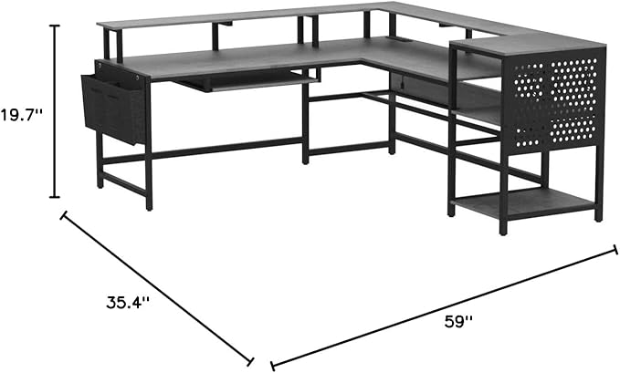 SEDETA L Shaped Gaming Desk, Convertible 96" Home Office Desk or Corner Desk, L Shaped Table with Power Outlets & LED Strip, Monitor Stand, Keyboard Tray, Pegboard and Storage Shelves, Grey