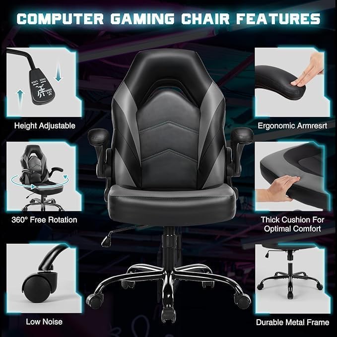 DUMOS Ergonomic Computer Gaming Chair with Flip-up Armrest, Height Adjustable PU Leather Home Office Desk Chair with Lumbar Support Swivel Wheels and for Adults and Kids, Black and Gray