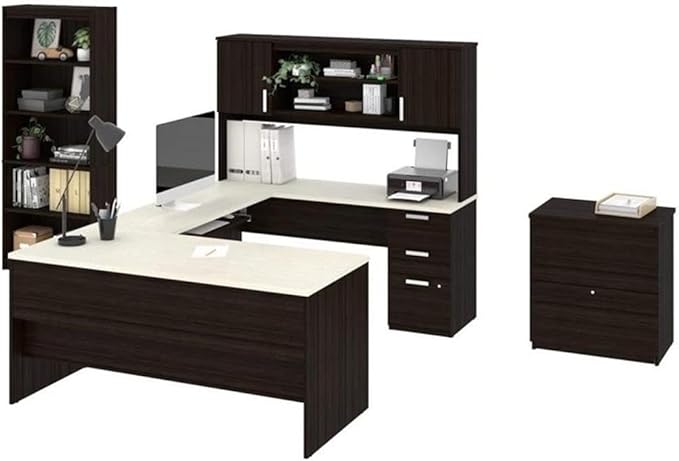 Atlin Designs 3-Piece Office Set, Dark and White Chocolate Finish, Melamine and Particle Board, Includes Desk with Storage, Bookcase with Adjustable Shelves, Lateral File Cabinet, Modern Home Office