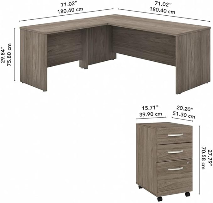 Bush Business Furniture Studio C 72W x 30D L Shaped Desk with Mobile File Cabinet and 42W Return in Modern Hickory