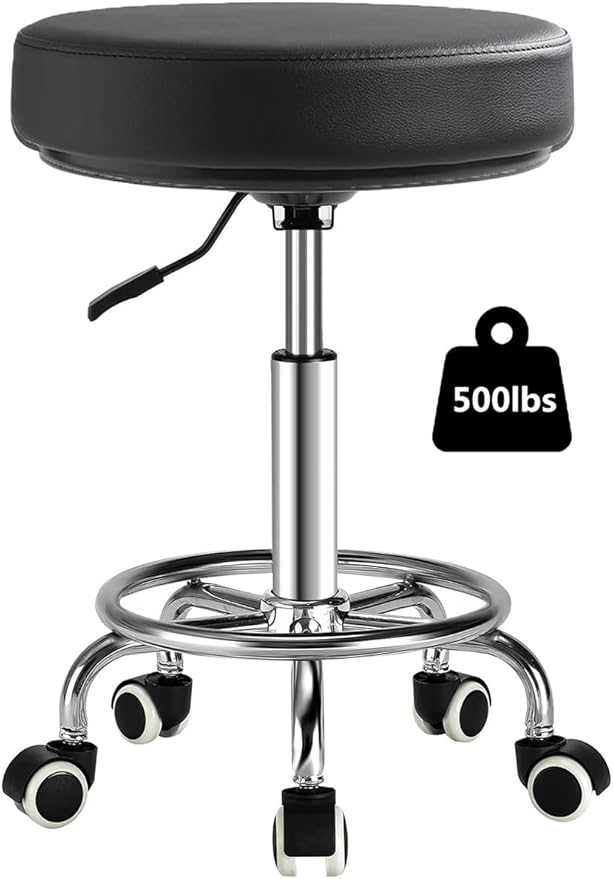Adjustable Rolling Stool with Wheels Heavy Duty 500lb Round Rolling Stool with Footrest, Patent Leather Drafting Stool Chair with Wheels Work Spa Salon Seat, Black