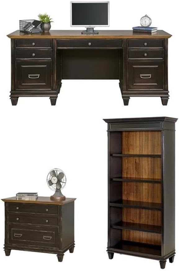 BOWERY HILL Set of 3 Credenza Office Writing Desk & Bookcase & Filing Cabinet