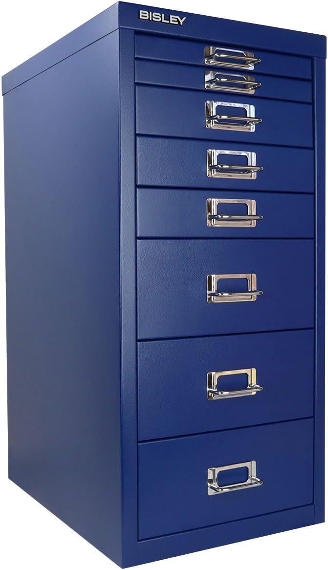 Bisley 8-Drawer Steel MultiDrawer Cabinet - Oxford Blue, Chrome Pull Handles with Label Holders, Powder-Coated Steel, Removable Drawers, Fits Under Most Desks, Labels Included