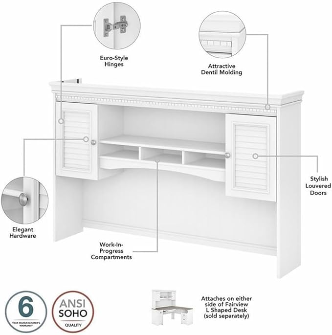 Pemberly Row Engineered Wood L Shaped Desk 5 Pc Office Set, Pure White & Shiplap Gray Finish, Includes Desk, Hutch, Bookcase, File Cabinet, Storage Cabinet, Modern Farmhouse Style Home Office