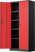 SUNCROWN 72" Metal Storage Cabinet - Heavy-Duty Metal Garage Cabinet with 4 Adjustable Shelves & 2 Doors for Tools, Office, Home, Workshop,Black & Red-Small