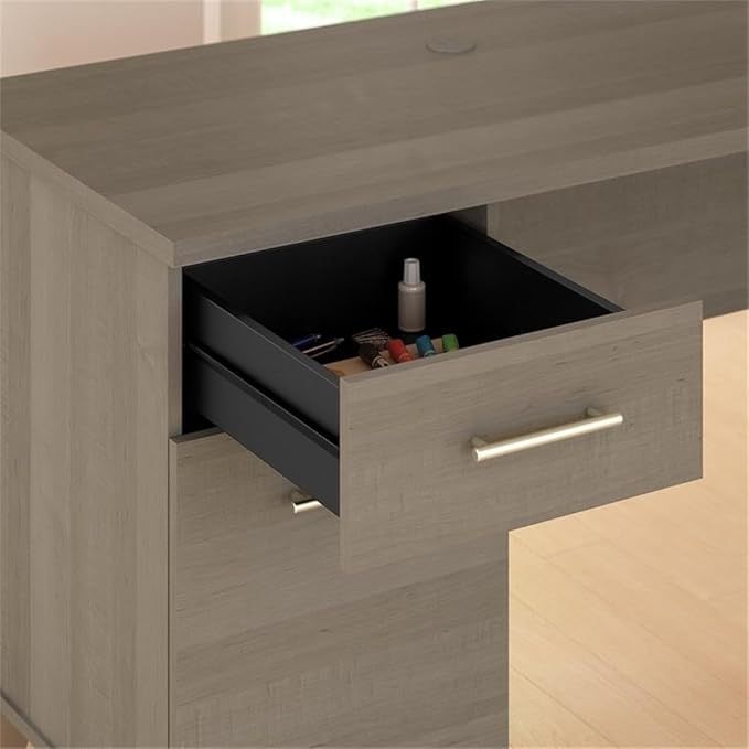 Pemberly Row 72W Office Desk with Hutch and 5 Shelf Bookcase, Ash Gray Engineered Wood, Frosted Glass Doors, Adjustable Shelves, Wire Management, Spacious Work Surface for Home Office Use