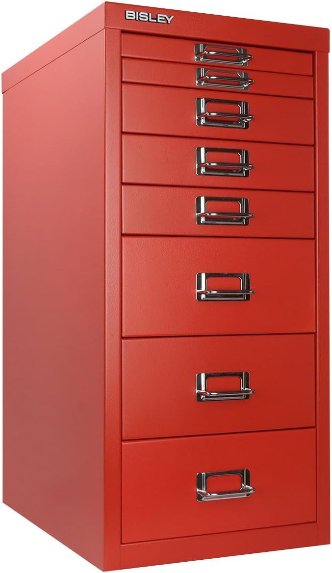 Bisley 8-Drawer Steel MultiDrawer Cabinet - Cardinal Red, Chrome Pull Handles with Label Holders, Powder-Coated Steel, Removable Drawers, Fits Under Most Desks, Labels Included