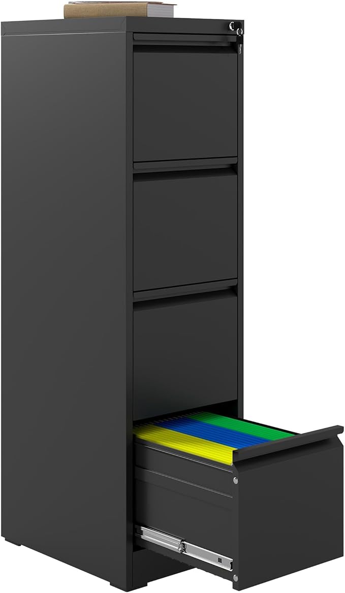 4 Drawer File Cabinet with Lock, Vertical Filing Cabinets for Home Office, Metal Storage Cabinets, Heavy Duty File Cabinet for Letter/Legal/A4/F4 Size Amsseble Required, Black