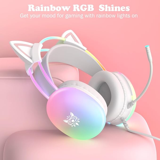Cat Ear Gaming Headset with Mic, RGB Rainbow Lighting, Surround Sound, 3.5mm Wired Over-Ear Headphones for PC/Switch/Laptop, Lightweight and Adjustable Headband