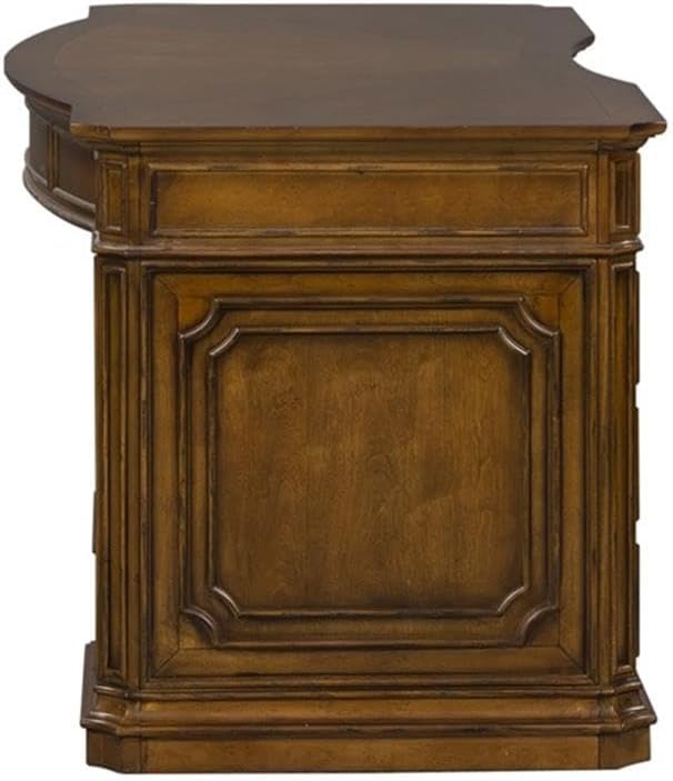 Pemberly Row Jr Executive Office Set, Medium Brown Finish, Antique Toffee Poplar & Birch Veneers, 5-Piece, Includes Desk, Credenza, Hutch, Adjustable Shelves, Touch LED Lighting, Wire Management
