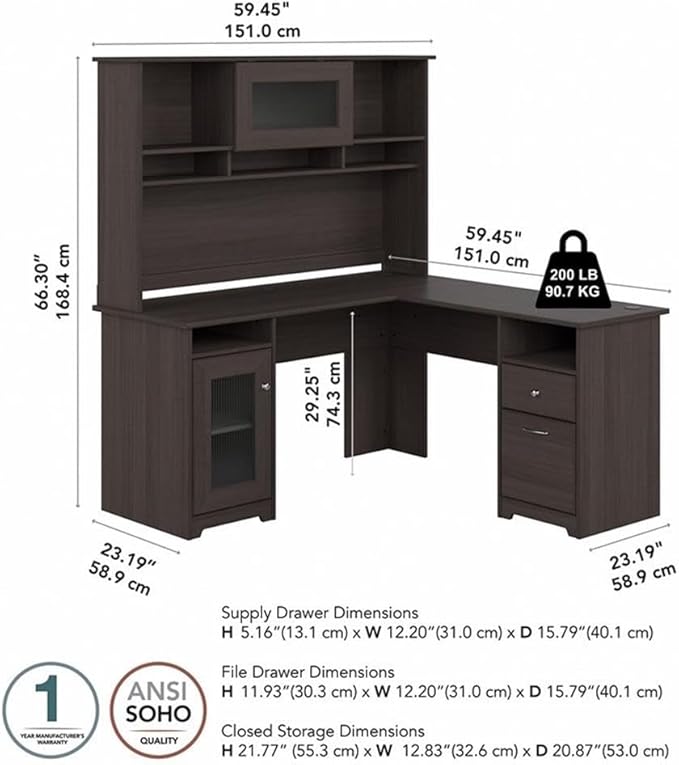 Pemberly Row 60" L-Shaped Wood Desk with Hutch, Heather Gray Finish, Durable Office Desk with Storage Cabinet, Fluted Glass Door, USB Hub, Wire Management, Home Office Workspace