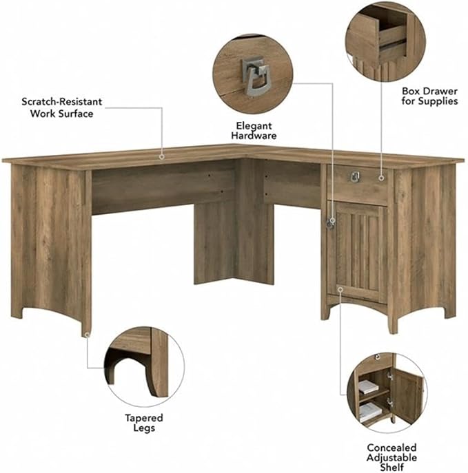 Pemberly Row L Shaped Desk with File Cabinet & Bookcase, Reclaimed Pine Finish, Engineered Wood Office Set, Distressed Style, 60W Desk with Storage, 5 Shelf Bookcase, Home Office Furniture