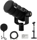 Rode PodMic USB and XLR Dynamic Podcasting Microphone | Black Bundle with Pop Filter + Desktop Microphone Stand + XLR Cable + Cleaning Cloth (5 Item)