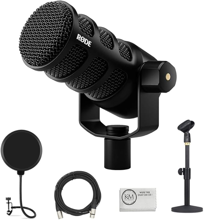 Rode PodMic USB and XLR Dynamic Podcasting Microphone | Black Bundle with Pop Filter + Desktop Microphone Stand + XLR Cable + Cleaning Cloth (5 Item)