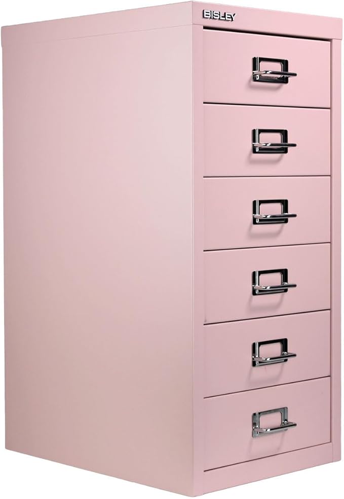 Bisley 6-Drawer Steel MultiDrawer Cabinet - Palest Pink, Chrome Pull Handles with Label Holders, Powder-Coated Steel, Removable Drawers, Fits Under Most Desks, Labels Included