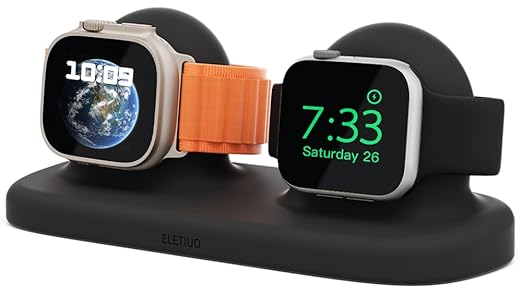 ELETIUO Dual Charger Stand Compatible with Apple Watch Series 49/46/45/44/42/41/40/38mm iWatch Ultra2/Ultra/10/9/8/SE2/7/6/SE/5/4/3/2/1,Silicone Dock Organizer Supports Night Stand Mode,Black