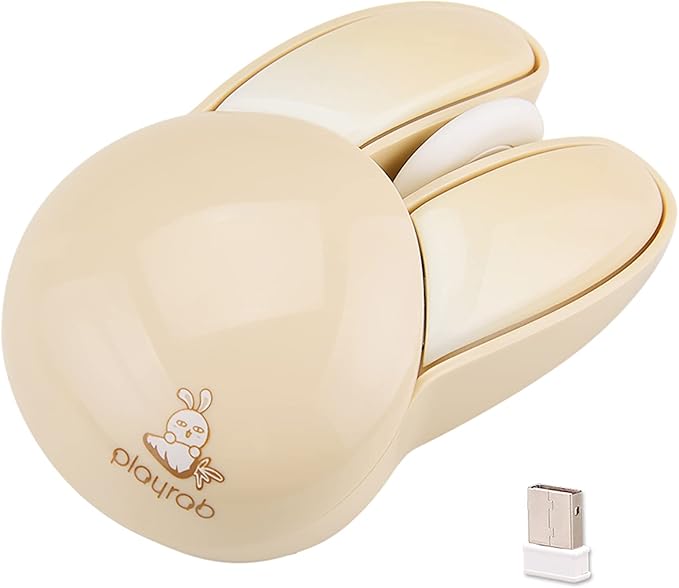 Lomiluskr Cute Bunny Wireless Mouse, Lightweight Soundless Mice, 2.4G Wireless Mice, Candy Colors, Kawaii Rabbit Mouse for Girls and Kids (Beige Bunny)