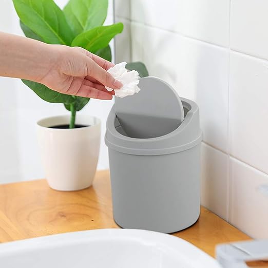Plastic Desktop Mini Trash Can with Swing Lid, Grey