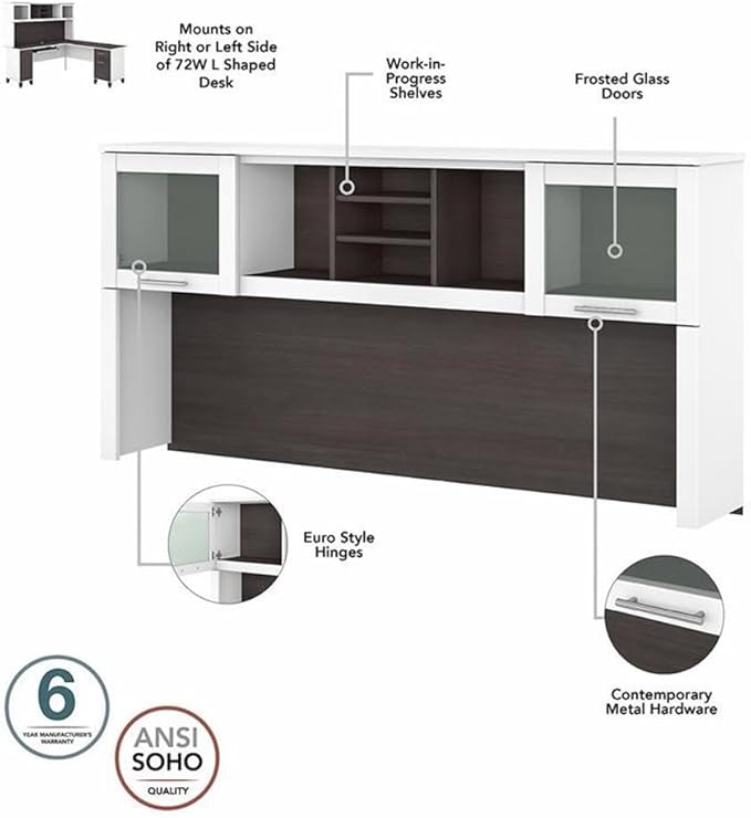 Pemberly Row Sit to Stand L Desk Set, 72W Engineered Wood Desk with Hutch, 5 Shelf Bookcase, White/Gray Finish, Adjustable Height Office Furniture for Ergonomic Workspaces