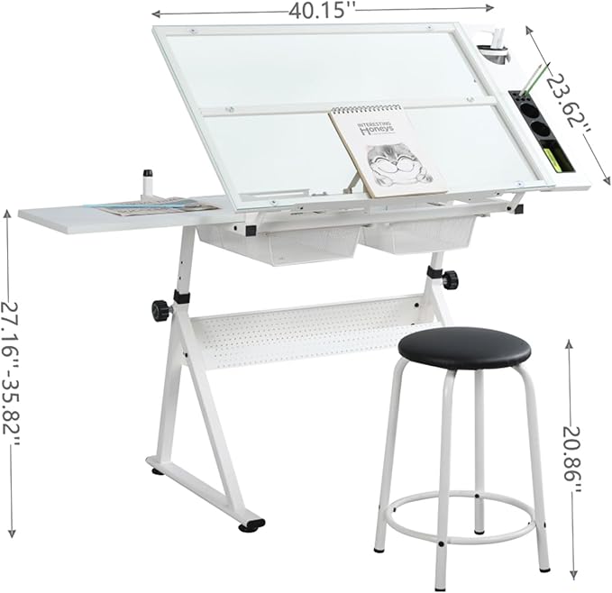 Adjustable Tempered Glass Drafting Table, 0-75° Tilting Art Desk with Multi-Storage Drawers & Trays, Height Adjustable 27.1"-35.8" Drawing Table with Chair, White