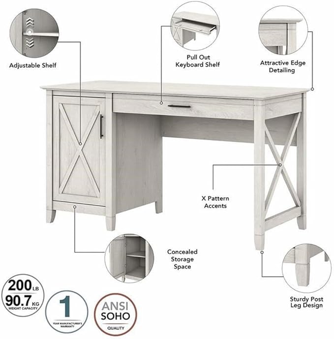 Bush Furniture Key West 54W Computer Desk with 2 Drawer Lateral File Cabinet and 5 Shelf Bookcase in Linen White Oak