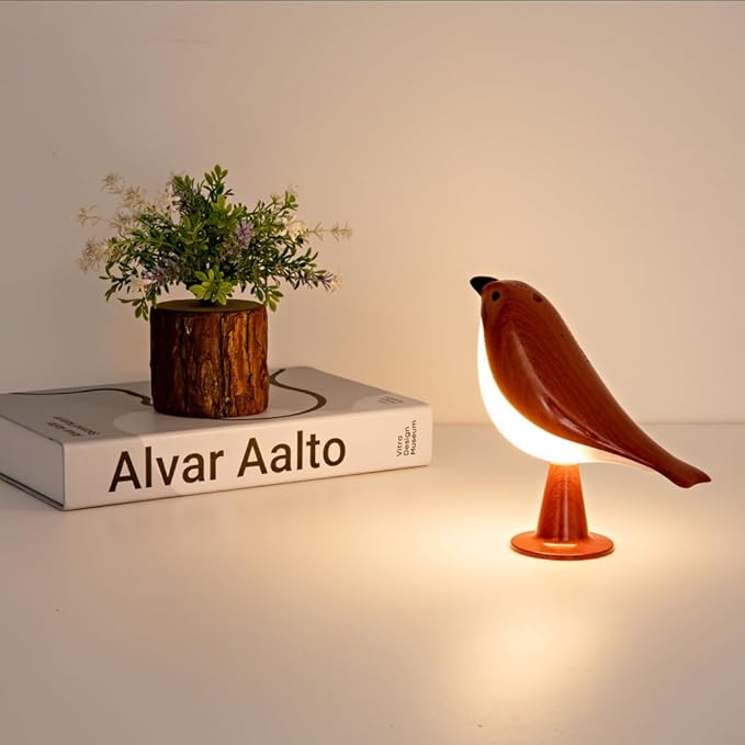 Remote control bird desk lamp in mahogany color, rechargeable small desk lamp with 3 color temperatures, remote control and touch sensor, capable of playing bird calls, built-in battery drive