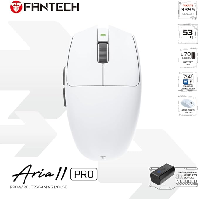 FANTECH ARIA XD7V2 PRO Wireless Gaming Mouse, 8K Polling, Pixart 3395 Gaming Sensor 26K DPI HUANO Switches, 53g Ultra-Lightweight, 5 Buttons, Compatible with PC/Mac - White