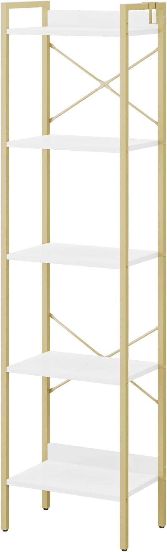 Hzuaneri Bookshelf, Book Shelf, Industrial Bookcase with 2 Hooks, Coner Shelf Storage Organizer for Home Office, Living Room, Bedroom, Kitchen, 5-Tier White Gold BC10513G