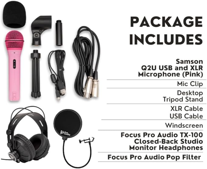SAMSON Q2U USB and XLR Handheld Dynamic Microphone with Cardioid Polar Pattern (Pink) Bundle with TX-100 Studio Monitor Headphones (Black), and Pop Filter (3 Items)
